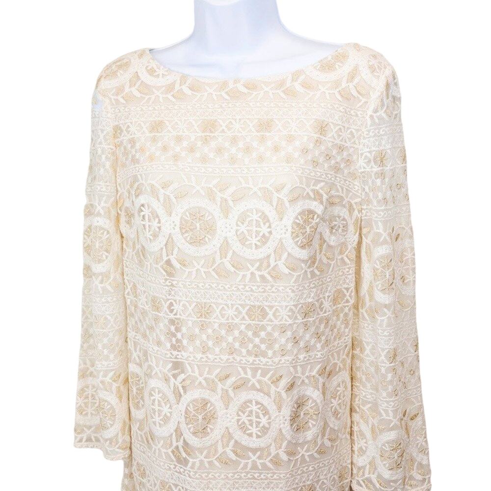 Jessica H Ivory Lace Shift Dress, 3/4 bell sleeve. Size Large.